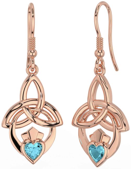 Aquamarin Rose Gold Silber Claddagh keltisch Dreieinigkeit Knoten Baumeln Ohrringe