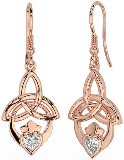 Diamond Rose Gold Silver Claddagh Celtic Trinity Knot Dangle Earrings