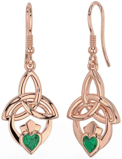 Emerald Rose Gold Silver Claddagh Celtic Trinity Knot Dangle Earrings