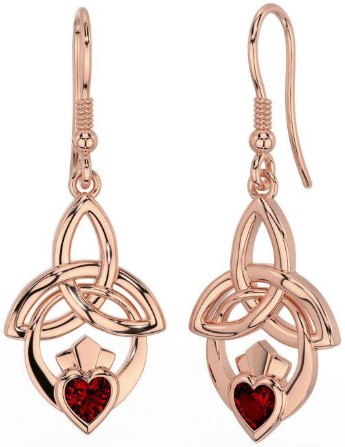 Garnet Rose Gold Silver Claddagh Celtic Trinity Knot Dangle Earrings