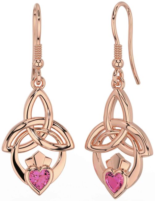 Pink Tourmaline Rose Gold Silver Claddagh Celtic Trinity Knot Dangle Earrings