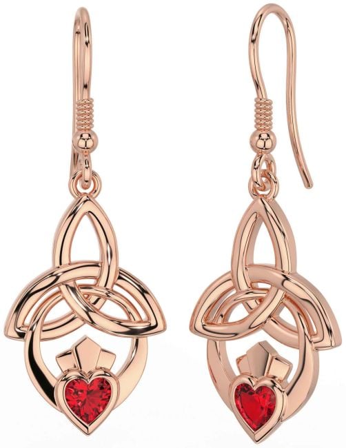 Ruby Rose Gold Silver Claddagh Celtic Trinity Knot Dangle Earrings