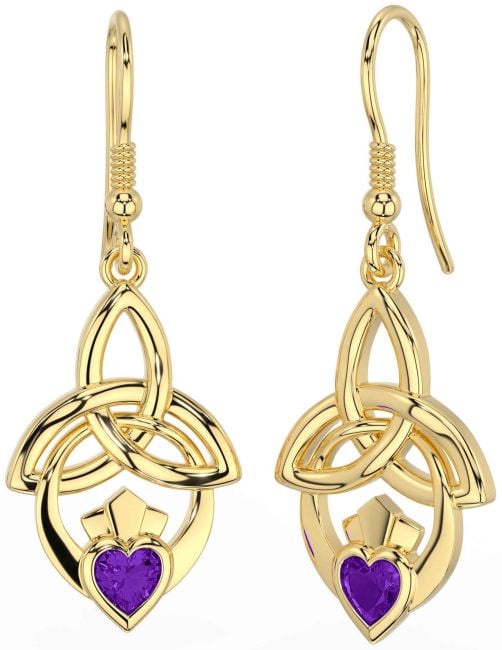 Amethyst Gold Silver Claddagh Celtic Trinity Knot Dangle Earrings