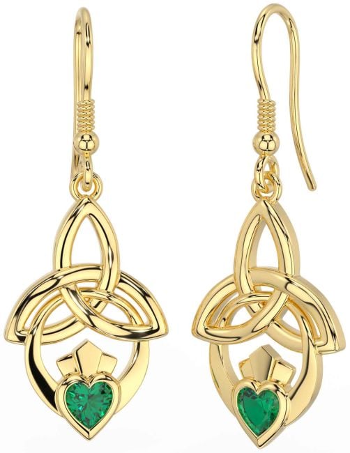 Emerald Gold Silver Claddagh Celtic Trinity Knot Dangle Earrings