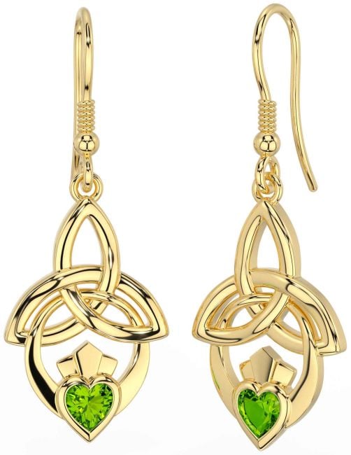 Peridot Gold Silver Claddagh Celtic Trinity Knot Dangle Earrings