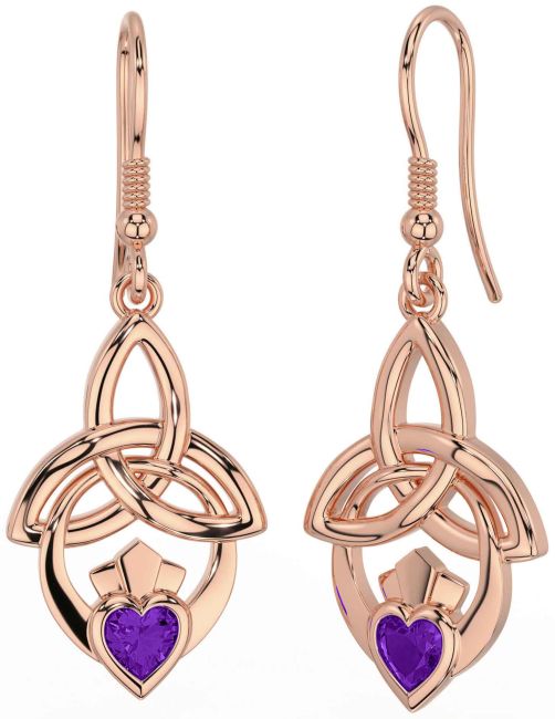 Amethyst Rose Gold Claddagh Celtic Trinity Knot Dangle Earrings