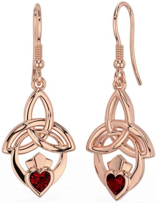 Garnet Rose Gold Claddagh Celtic Trinity Knot Dangle Earrings