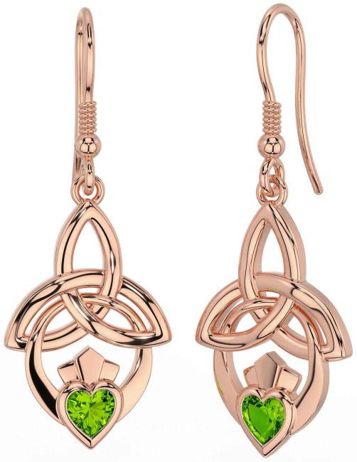 Peridot Rose Gold Claddagh Celtic Trinity Knot Dangle Earrings