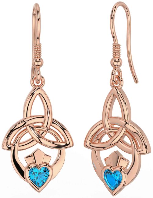 Topaz Rose Gold Claddagh Celtic Trinity Knot Dangle Earrings