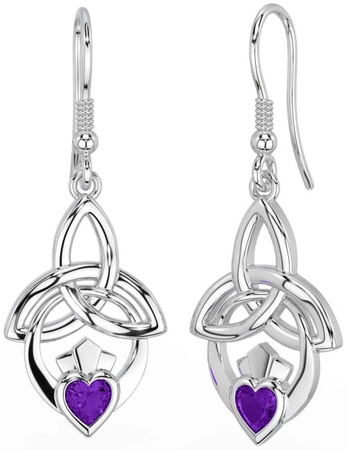 Amethyst Silver Claddagh Celtic Trinity Knot Dangle Earrings