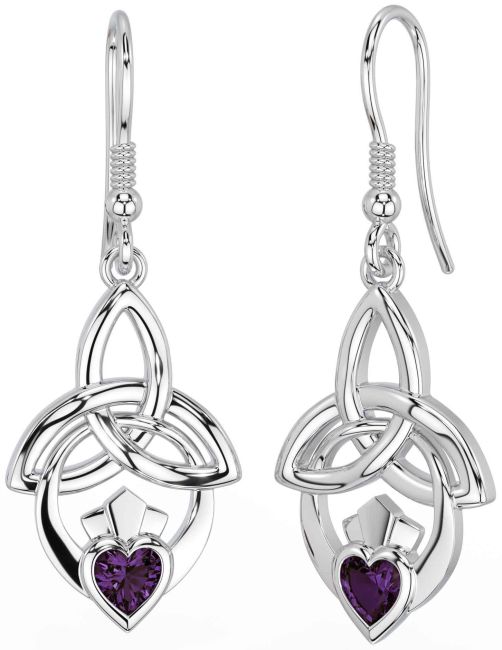 Alexandrite Silver Claddagh Celtic Trinity Knot Dangle Earrings