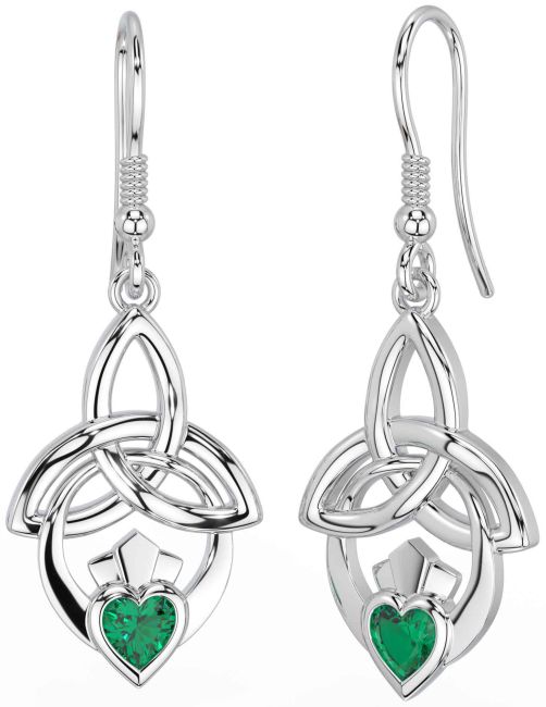 Emerald Silver Claddagh Celtic Trinity Knot Dangle Earrings