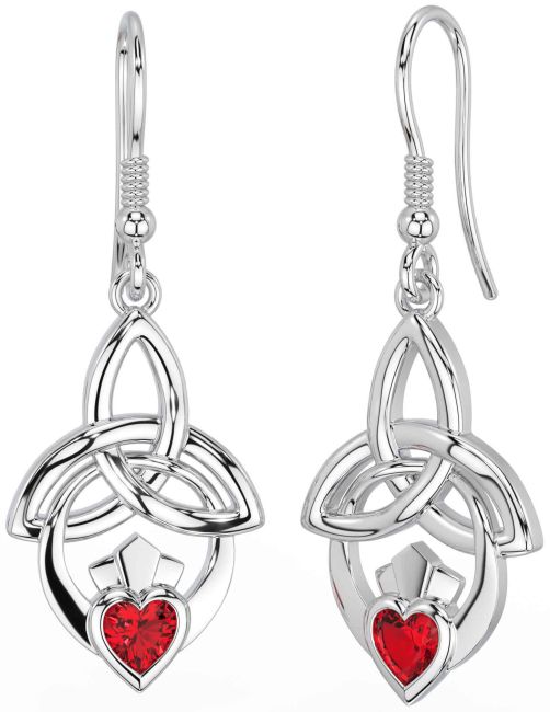 Ruby Silver Claddagh Celtic Trinity Knot Dangle Earrings