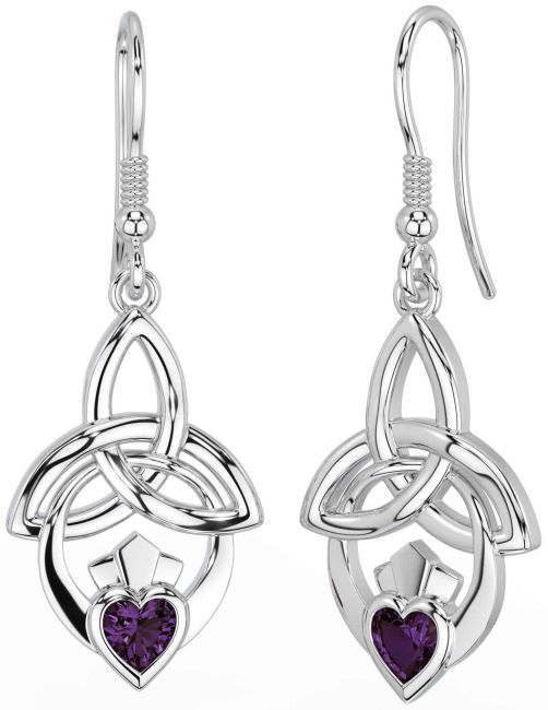 Alexandrite White Gold Claddagh Celtic Trinity Knot Dangle Earrings