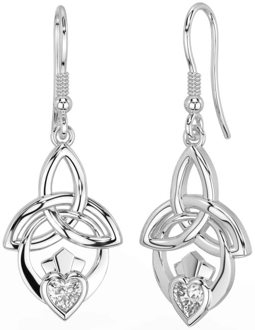 Diamond White Gold Claddagh Celtic Trinity Knot Dangle Earrings