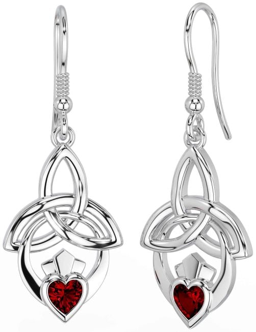 Garnet White Gold Claddagh Celtic Trinity Knot Dangle Earrings