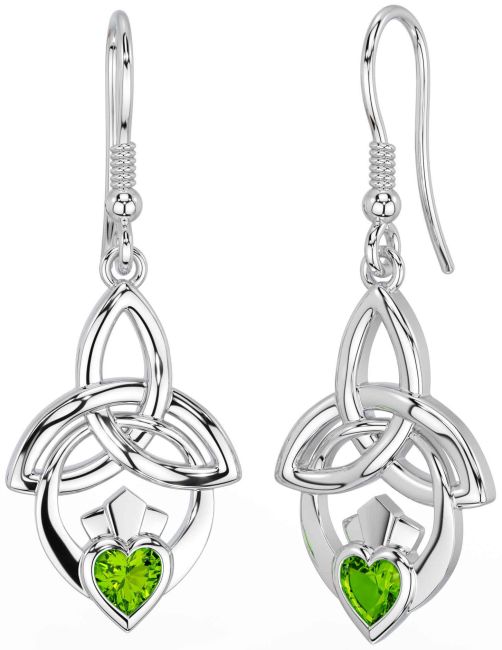 Peridot White Gold Claddagh Celtic Trinity Knot Dangle Earrings