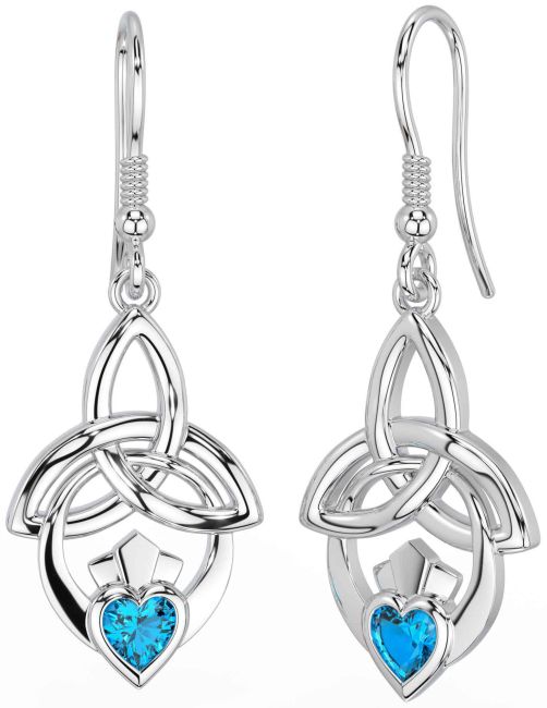 Topaz White Gold Claddagh Celtic Trinity Knot Dangle Earrings