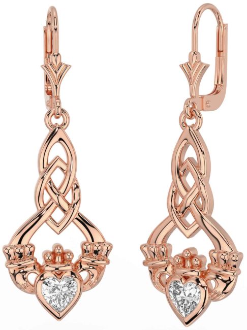 Diamond Rose Gold Silver Celtic Claddagh Dangle Earrings