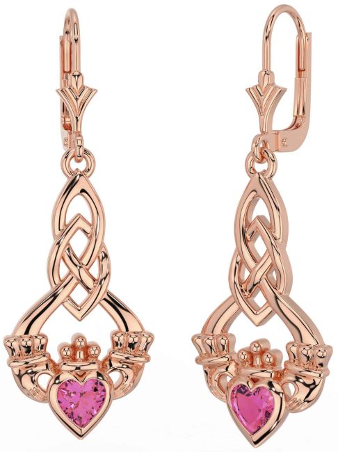 Pink Tourmaline Rose Gold Silver Celtic Claddagh Dangle Earrings