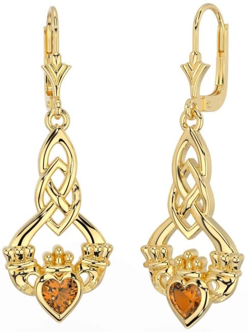 Citrine Gold Silver Celtic Claddagh Dangle Earrings