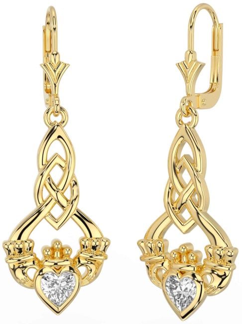 Diamond Gold Silver Celtic Claddagh Dangle Earrings