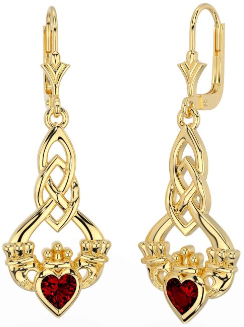 Garnet Gold Silver Celtic Claddagh Dangle Earrings