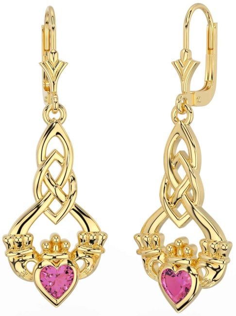 Pink Tourmaline Gold Silver Celtic Claddagh Dangle Earrings