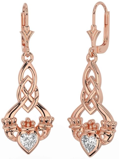 Diamond Rose Gold Celtic Claddagh Dangle Earrings