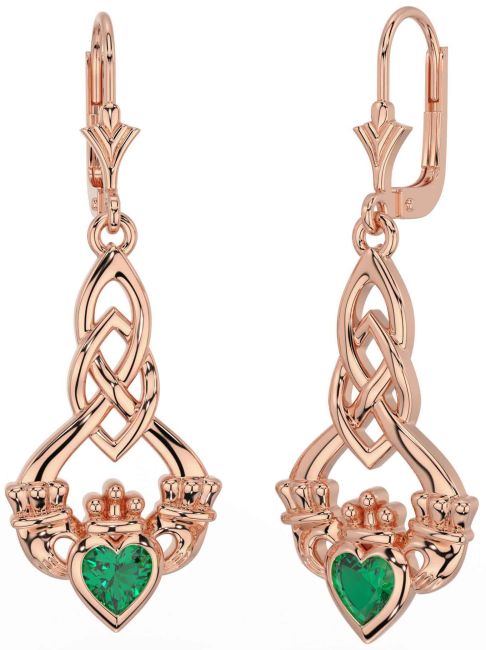 Emerald Rose Gold Celtic Claddagh Dangle Earrings