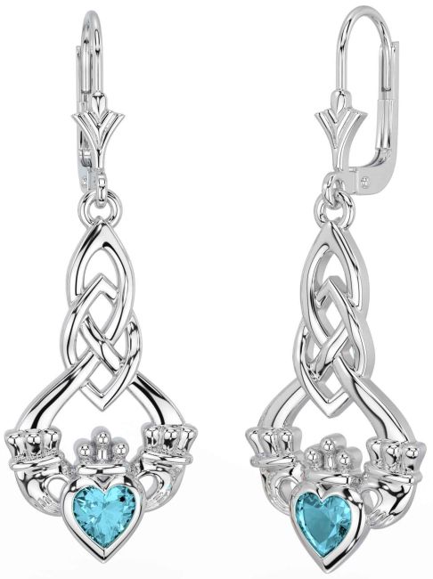 Aquamarine Silver Celtic Claddagh Dangle Earrings