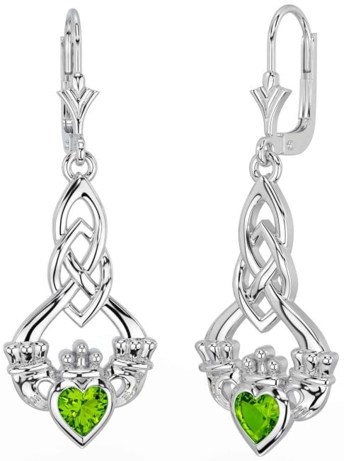 Peridot White Gold Celtic Claddagh Dangle Earrings