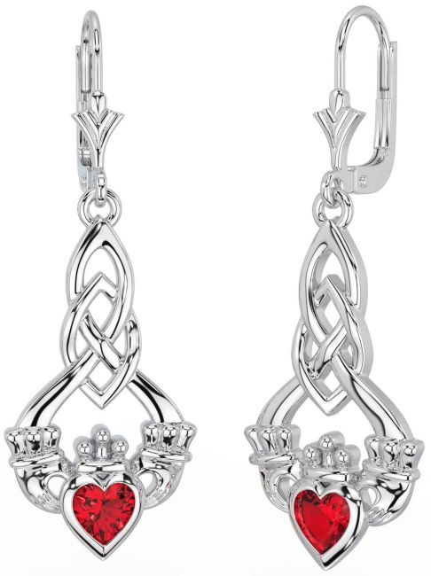 Ruby White Gold Celtic Claddagh Dangle Earrings