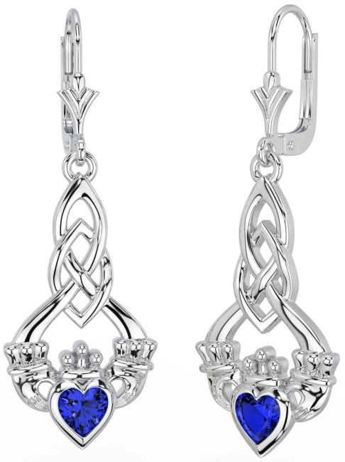 Sapphire White Gold Celtic Claddagh Dangle Earrings