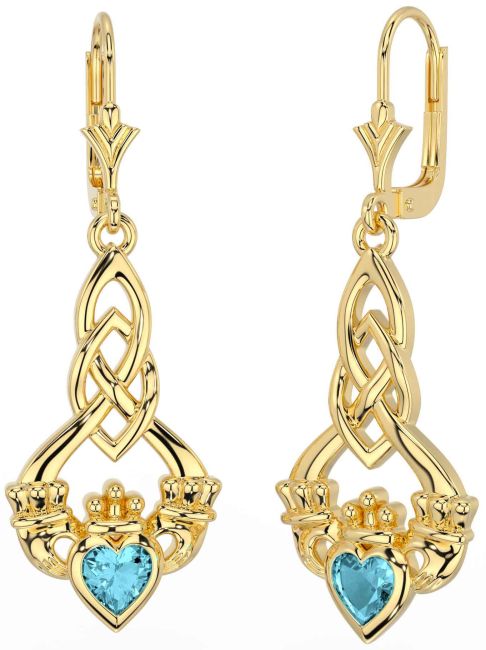 Aquamarine Gold Celtic Claddagh Dangle Earrings