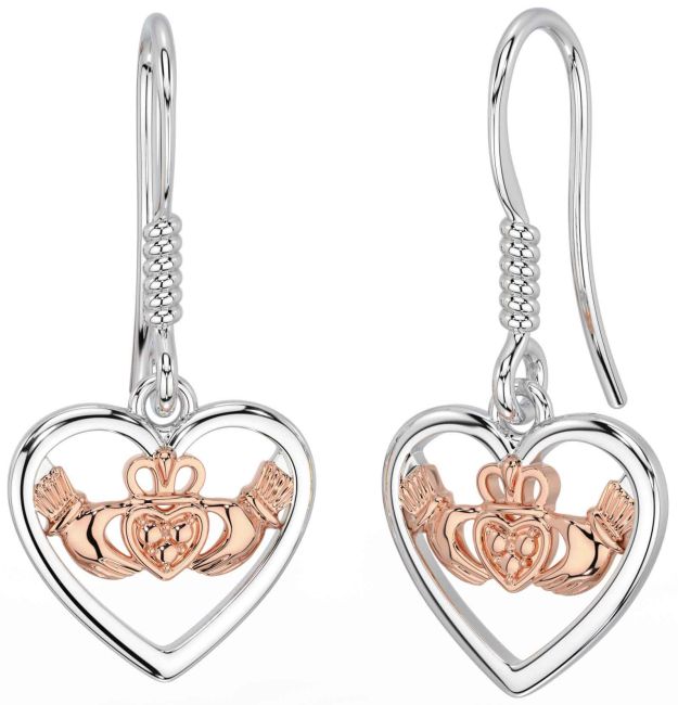 Rose Gold Silver Claddagh Heart Dangle Earrings