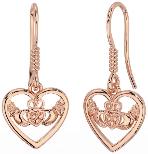 Rose Gold Claddagh Heart Dangle Earrings