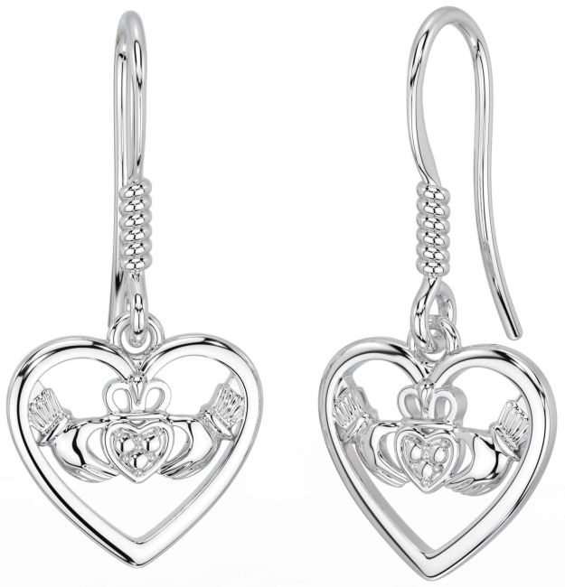 Silver Claddagh Heart Dangle Earrings