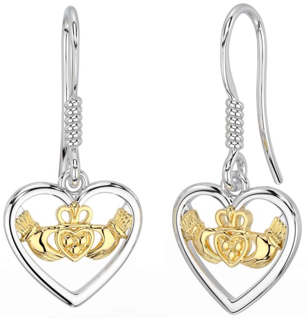 White Yellow Gold Claddagh Heart Dangle Earrings