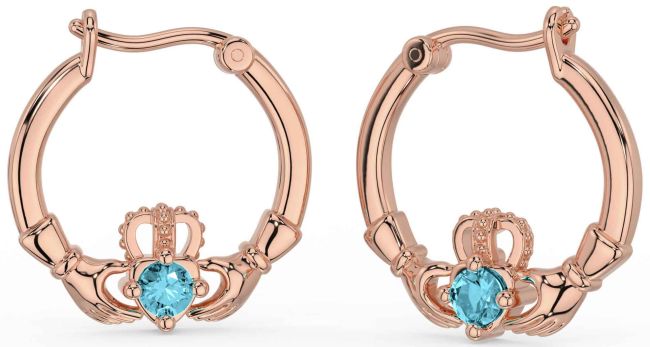 Aquamarine Rose Gold Silver Claddagh Dangle Earrings