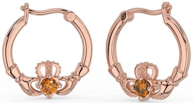 Citrine Rose Gold Silver Claddagh Dangle Earrings