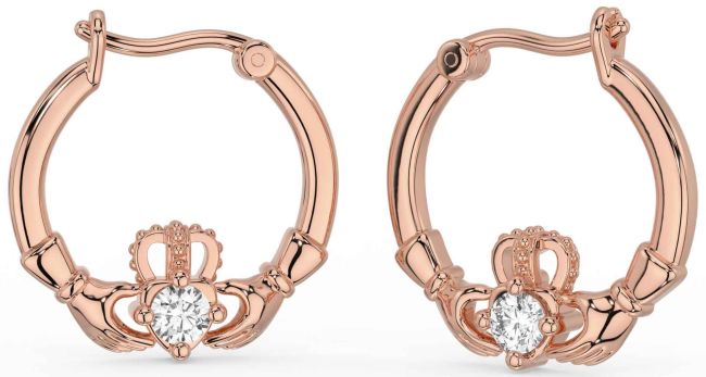 Diamond Rose Gold Silver Claddagh Dangle Earrings