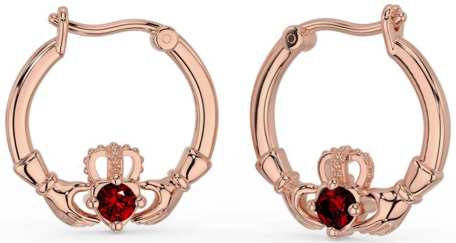 Garnet Rose Gold Silver Claddagh Dangle Earrings
