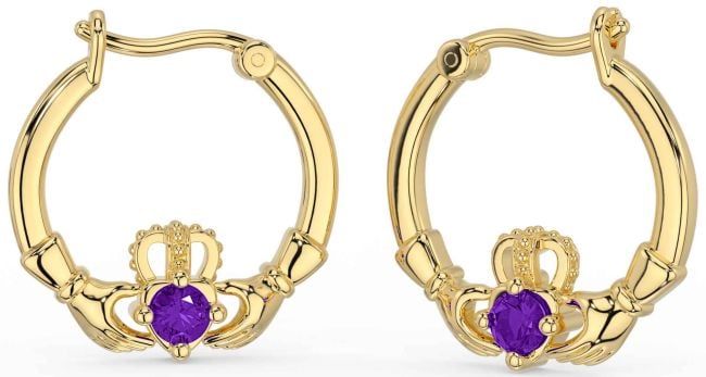 Amethyst Gold Silver Claddagh Dangle Earrings