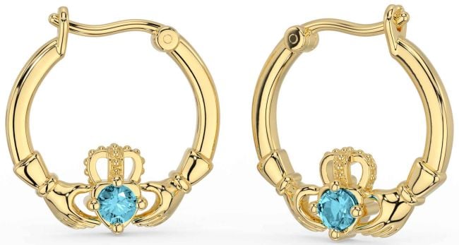 Aquamarine Gold Silver Claddagh Dangle Earrings