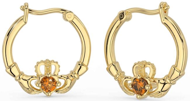 Citrine Gold Silver Claddagh Dangle Earrings