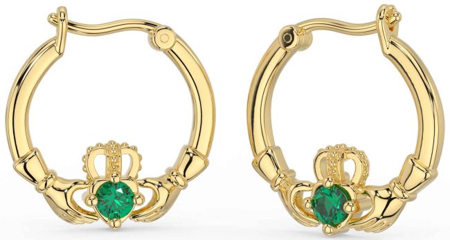 Emerald Gold Silver Claddagh Dangle Earrings