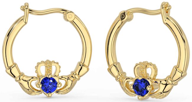 Sapphire Gold Silver Claddagh Dangle Earrings