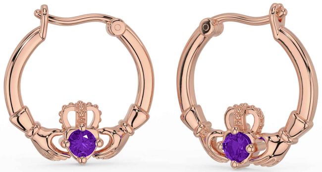 Amethyst Rose Gold Claddagh Dangle Earrings