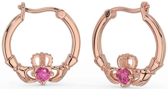 Pink Tourmaline Rose Gold Claddagh Dangle Earrings